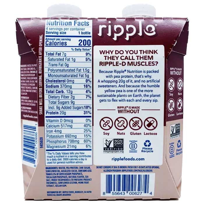 Ripple Chocolate Vegan Protein Shake, Shelf Stable 11 fl oz Pk of 4