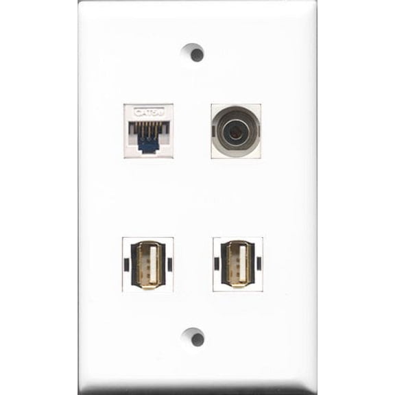 RiteAV - 2 Port USB A-A and 1 Port 3.5mm and 1 Port Cat5e Ethernet White Wall Plate