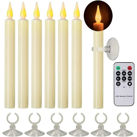 Duslogis 6.5 inches Flameless Window Candles with Suction Cups for Christmas, Battery Operated LED Taper Candles with Timer and Dimmable Function, Remote Control Included - Set of 6