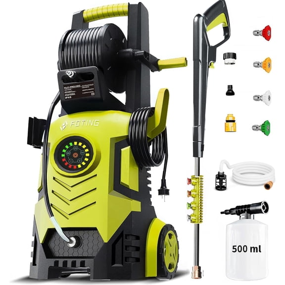 2025Upgraded Pressure Washer 5000PSI with Adj-8-Level Touch Screen, 34" Tall Power Washer, 4 Quick Connect Nozzles, Inlet Hose&Filter&500mlFoam Cannon for Cars/Fences/Driveways,Green