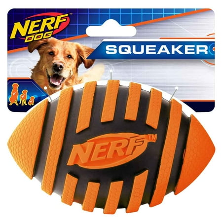 UPC: 0846998089159 | Nerf Dog 5in Spiral Squeak Football Dog Toy – Orange/Black