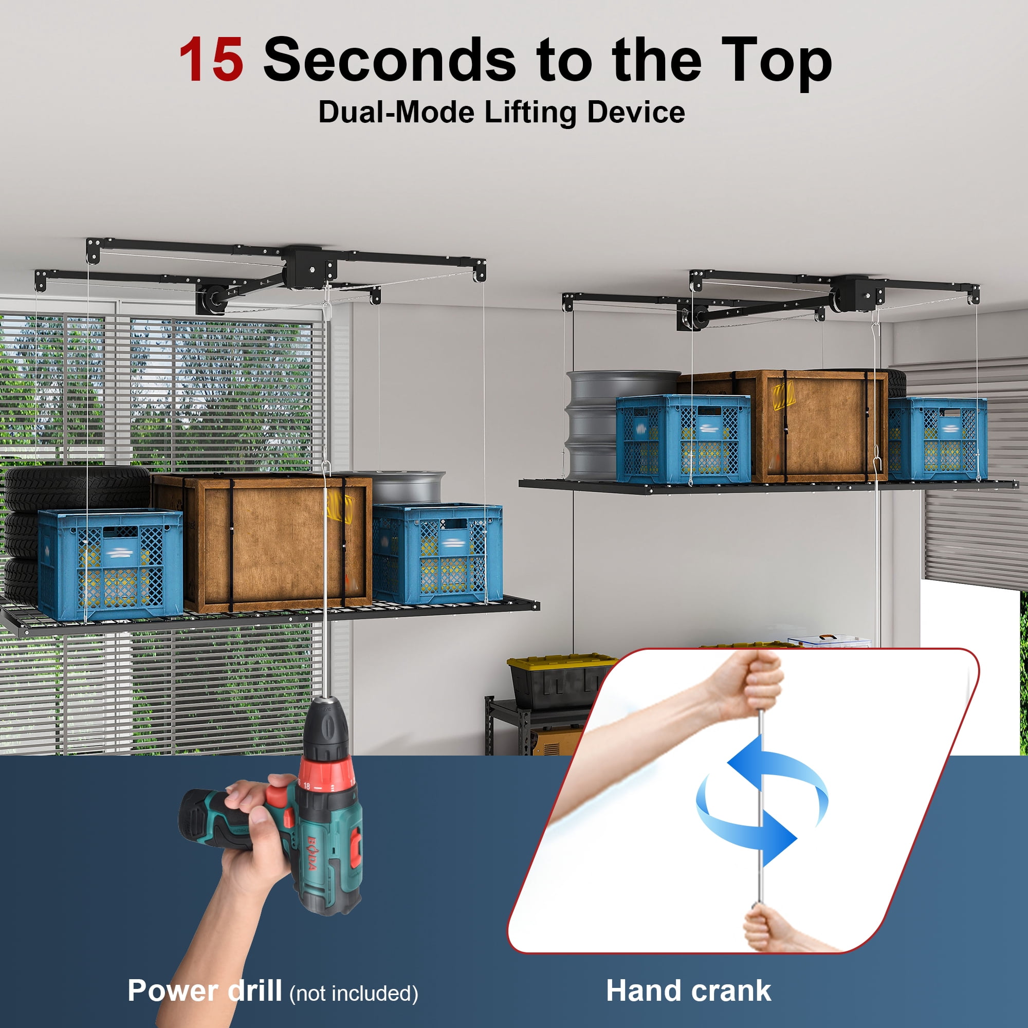 Aukfa 4x8 ft Ceiling Mounted Garage Storage Rack with Crank-Down System, 325 lbs Heavy Duty Overhead Storage Lift for Tires & Tools, Black