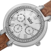 Burgi BUR085OR GMT Day Date Crystal Bezel Brown Strap Womens Watch