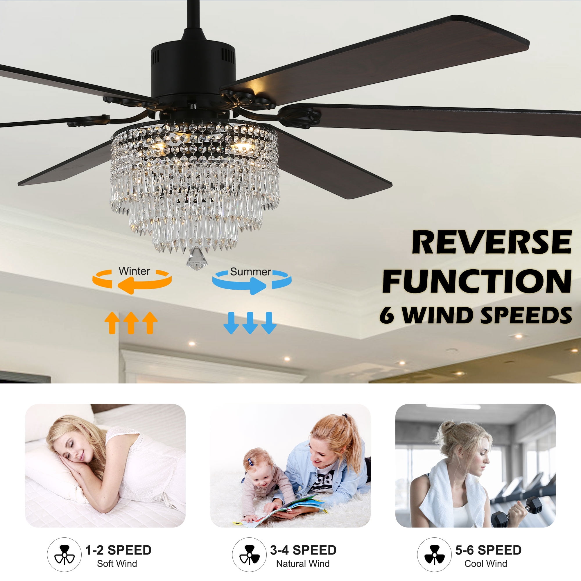 Chords Attic 65" 6-Blade Reversible Ceiling Fan with Lights and Remote Control, 6-Speed, Timer Setting Quiet DC Motor