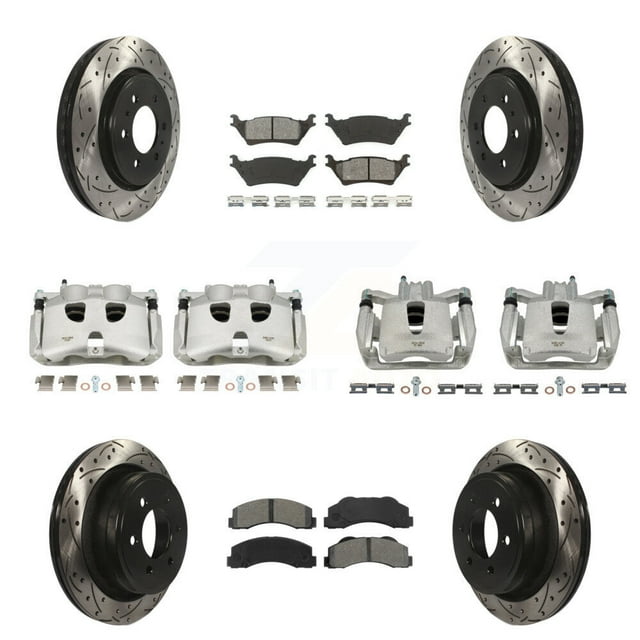 Transit Auto Front Rear Disc Brake Coated Caliper Drilled Slotted Rotors and Semi-Metallic Pads Kit (10Pc) for Car Ford F-150 KCD-100419S