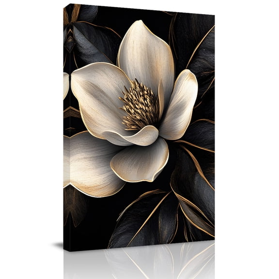 Canvas Wall Art, Black Gold Flower Framed Canvas Prints for Living Room Office, Gradient Luxurious Floral Botanical Large Gallery Wrapped Wall Decor for Home Office, Gifts, 16"x24" Ship Next Day