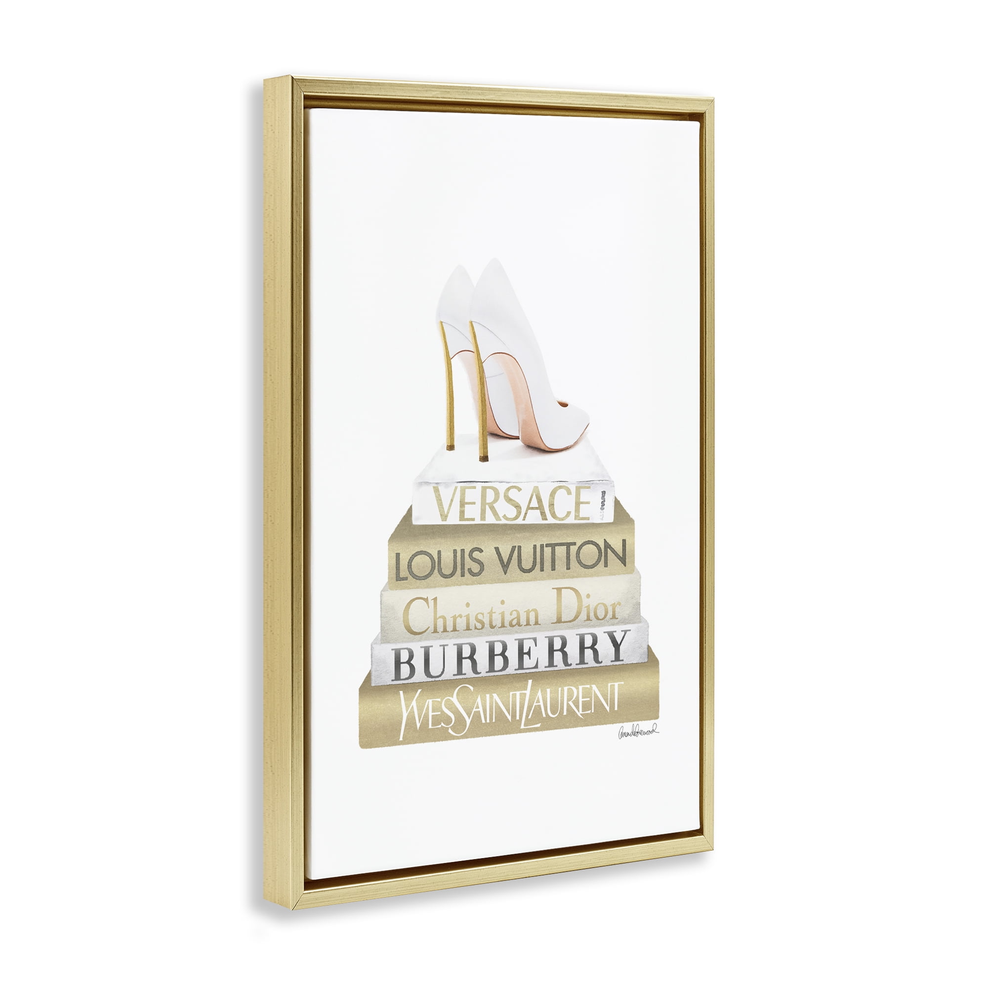 Stupell Industries Gold & White Book Stack Fashion Painting Gold Floater Framed Canvas Art Print Wall Art, 21 x 31