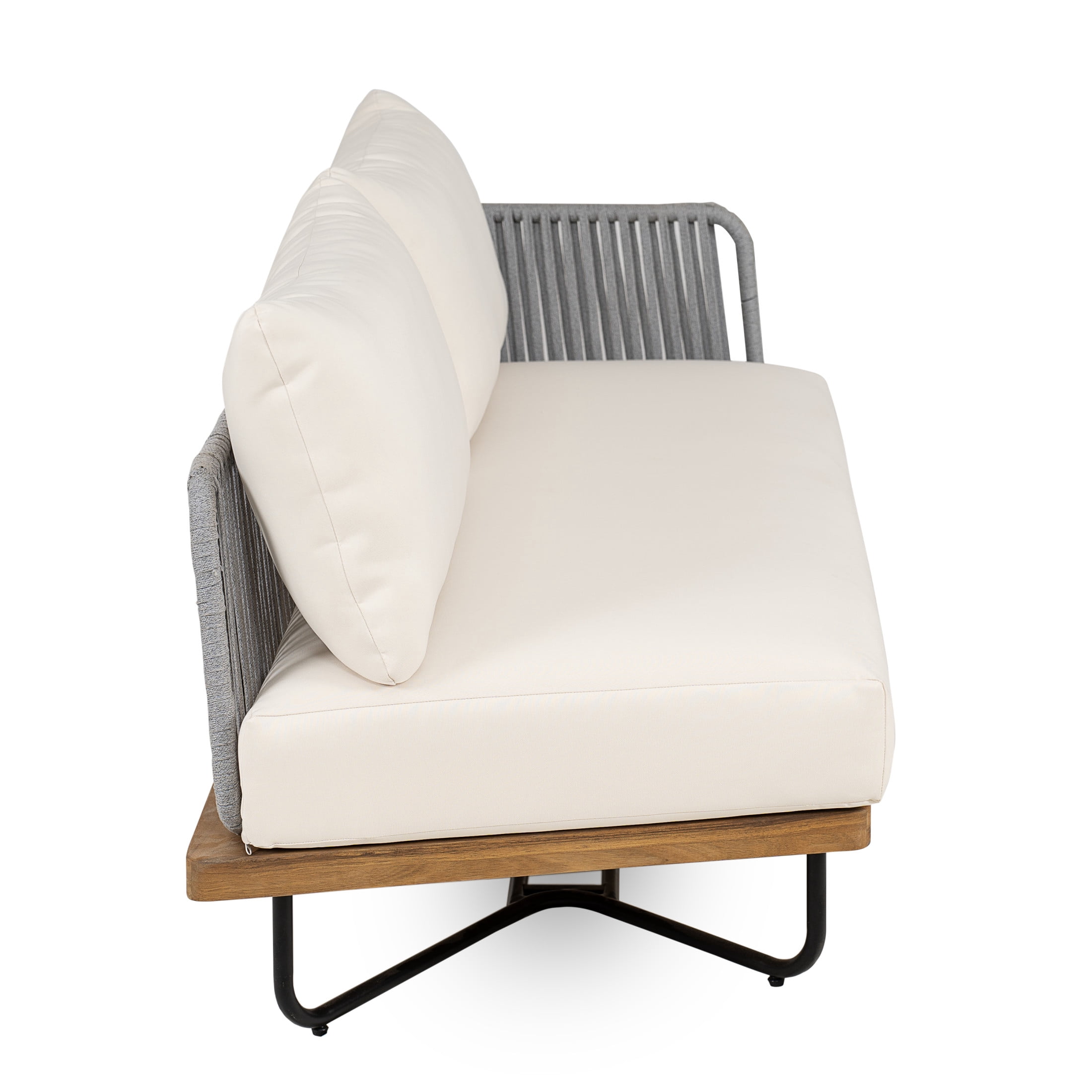 Christopher Knight Home Lucca Outdoor Right-Arm Sofa with Gray Rope Woven Side, Acacia Wood Frame & Cushions, Teak+Beige