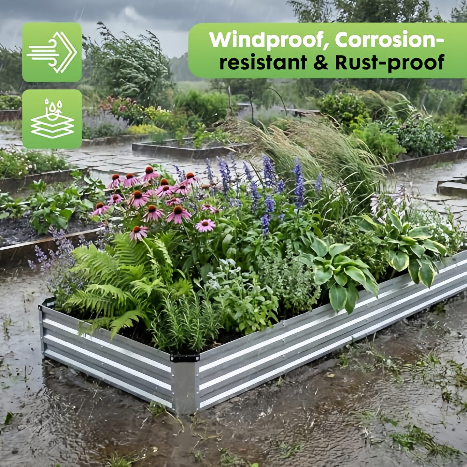 Kelno Galvanized Metal Raised Garden Bed 8x4x2ft Outdoor Planter Box for Vegetables Flowers Herbs Open Bottom Rectangular Raised Bed, Silver