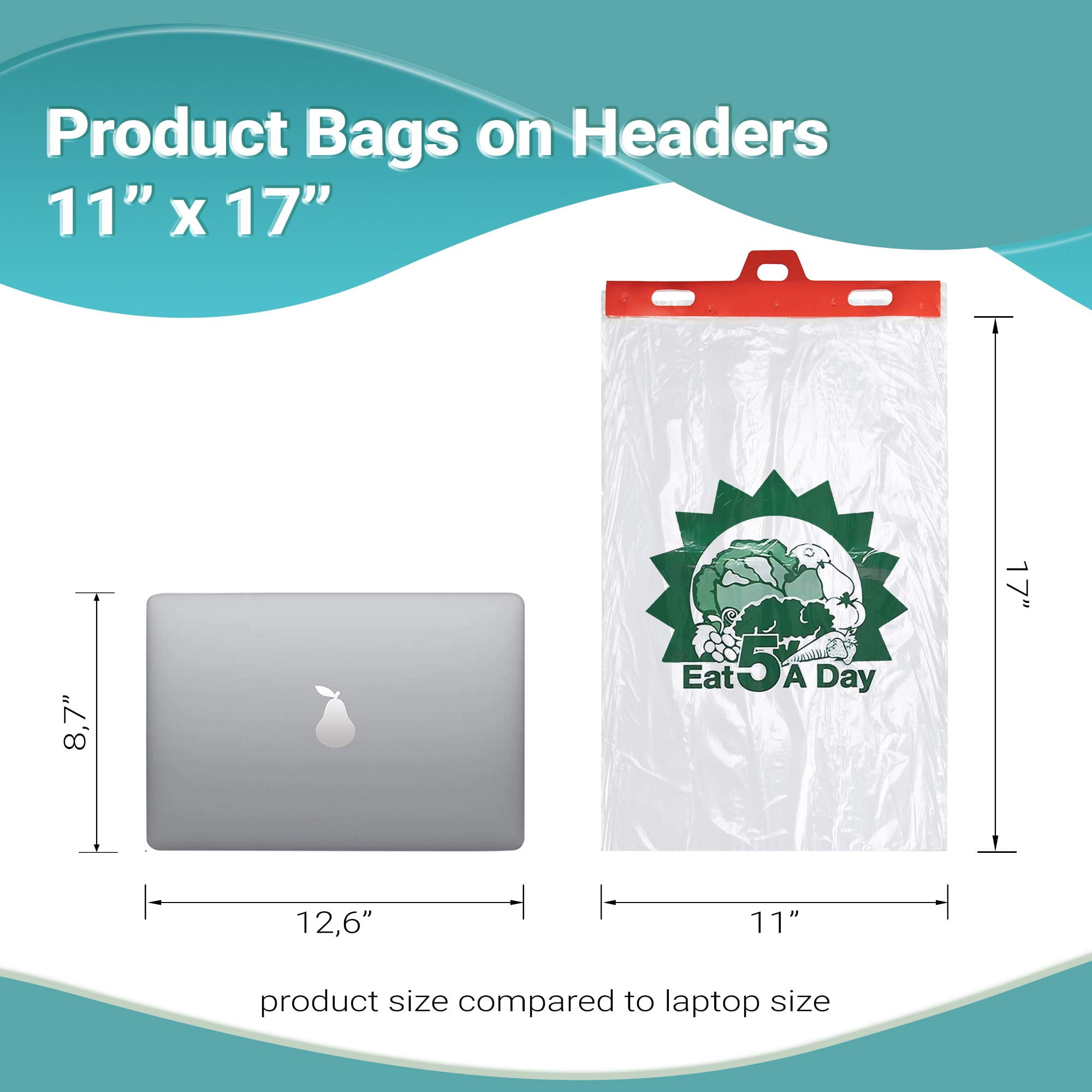 Produce Bags on Headers, 2000 count, 11 x 17 in + 2 in Lip, 0.55 mil LDPE, Clear Printed