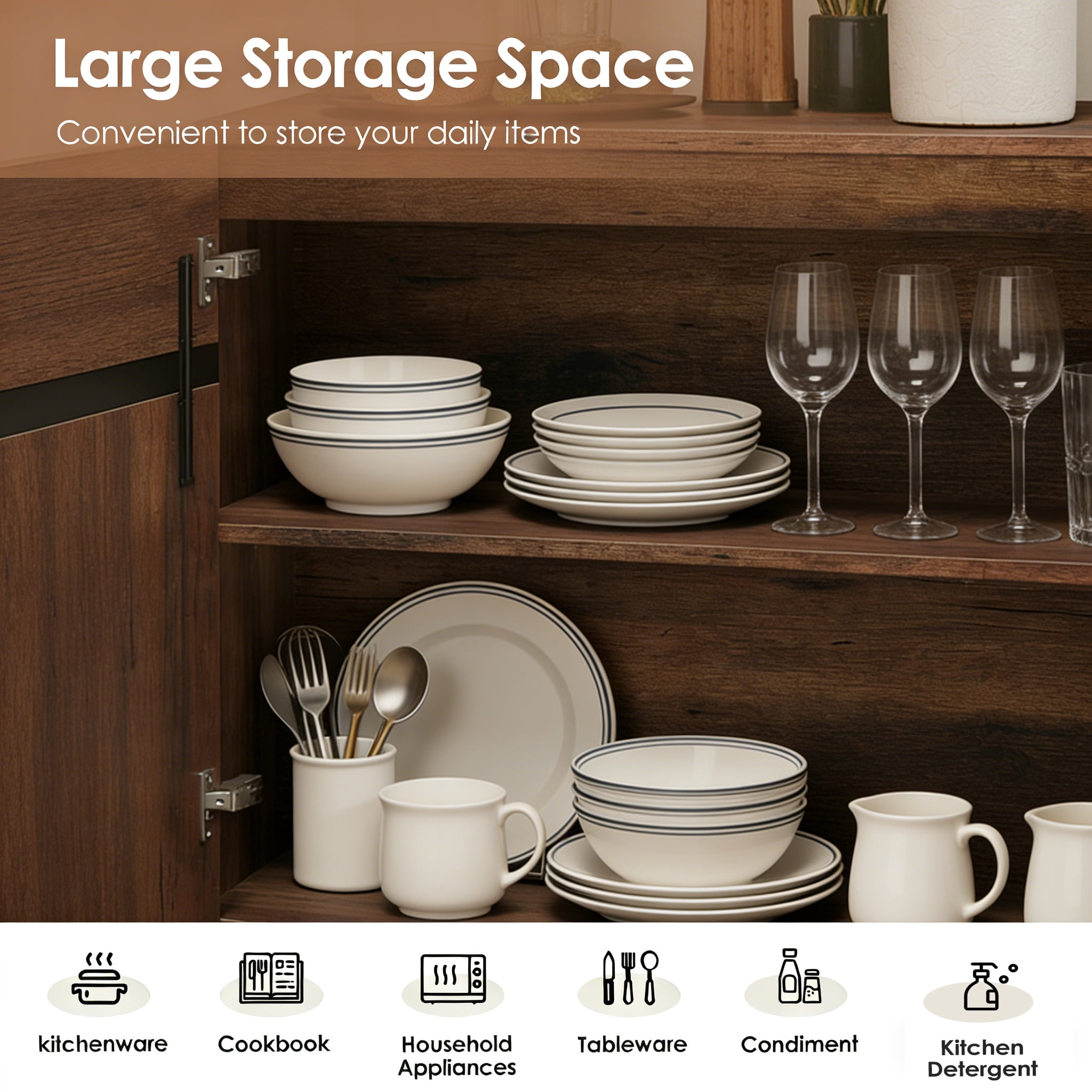 Modern Multifunctional Buffet Sideboard, Storage Cabinet with Hidden Handle & Adjustable Shelves for Home Decor,Brown