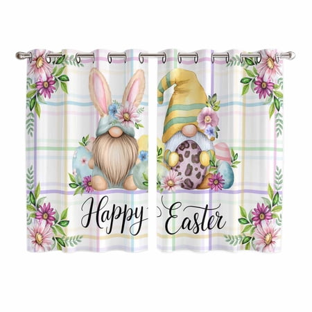Spring Easter Kitchen Curtains Window Panels Watercolor Eggs Gnomes Flowers Leaf Plaid Insulated Window Treatment Curtain Grommet Curtains for Bedroom/Living Room/Bathroom 2 Piece 52 Wx63 L
