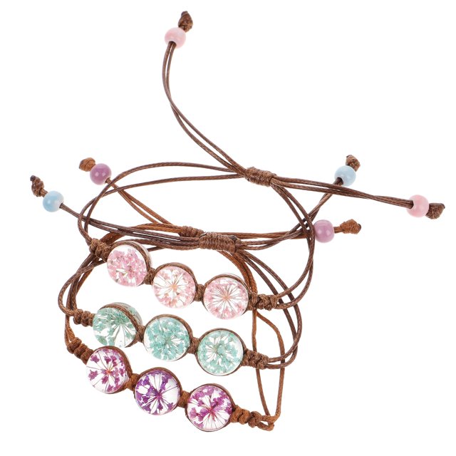 Pulsera de flores eternas artesanal de 3 piezas, pulsera única de flores secas, joyería elegante para ocasiones especiales.