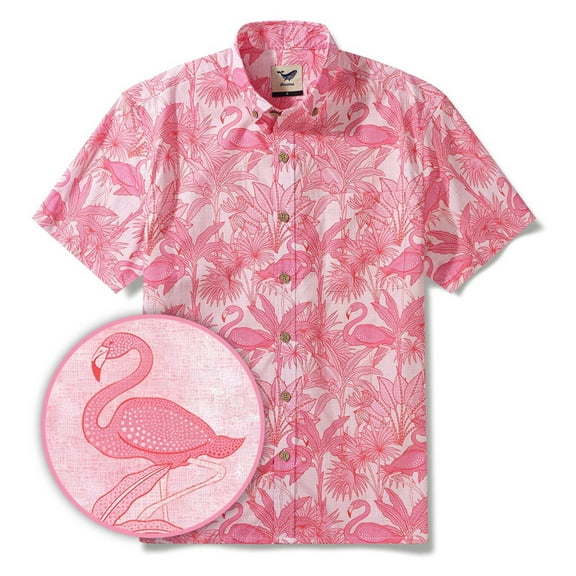 YIUME Men's Pink Hawaiian Shirt Short Sleeve Button Down Flamingos Shirts Cotton