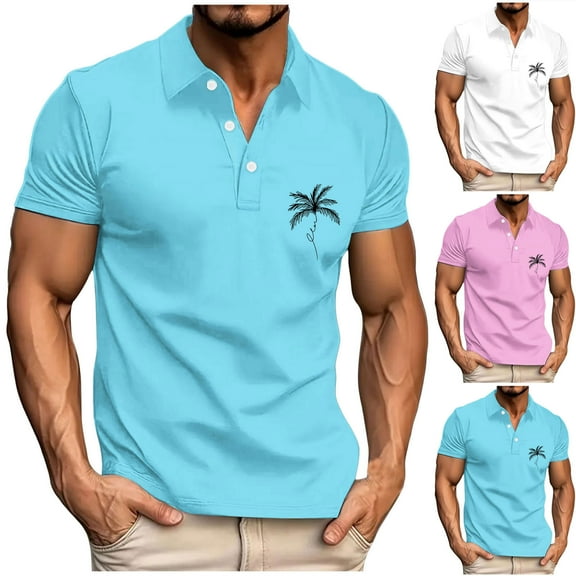 Jinhomg Casual Summer Shirts for Men 2025 Trendy Tropical Hawaiian Print Polos Shirt Lightweight Comfy Short Sleeve Button Lapel Golf Tops Winter Saving Pink XXXL