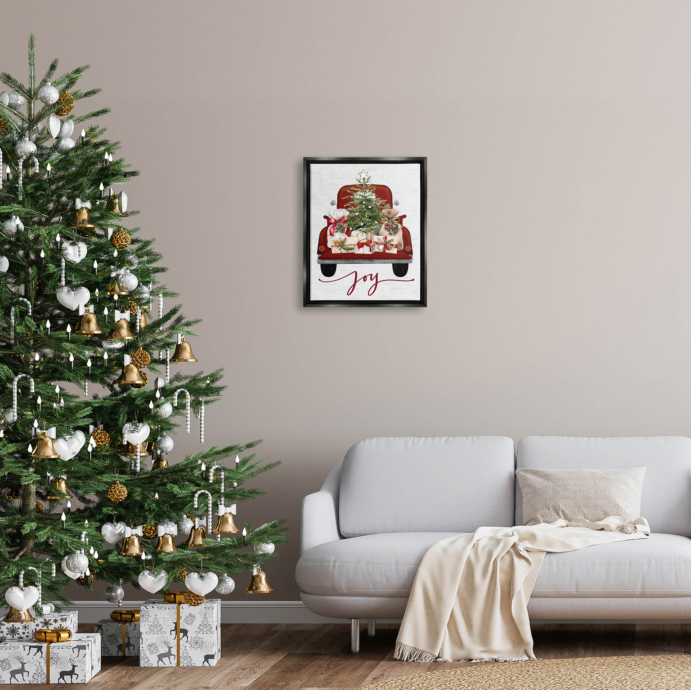 Stupell Industries Joy Holiday Red Gift Truck Graphic Art Jet Black Floating Framed Canvas Print Wall Art, Design by Lettered and Lined