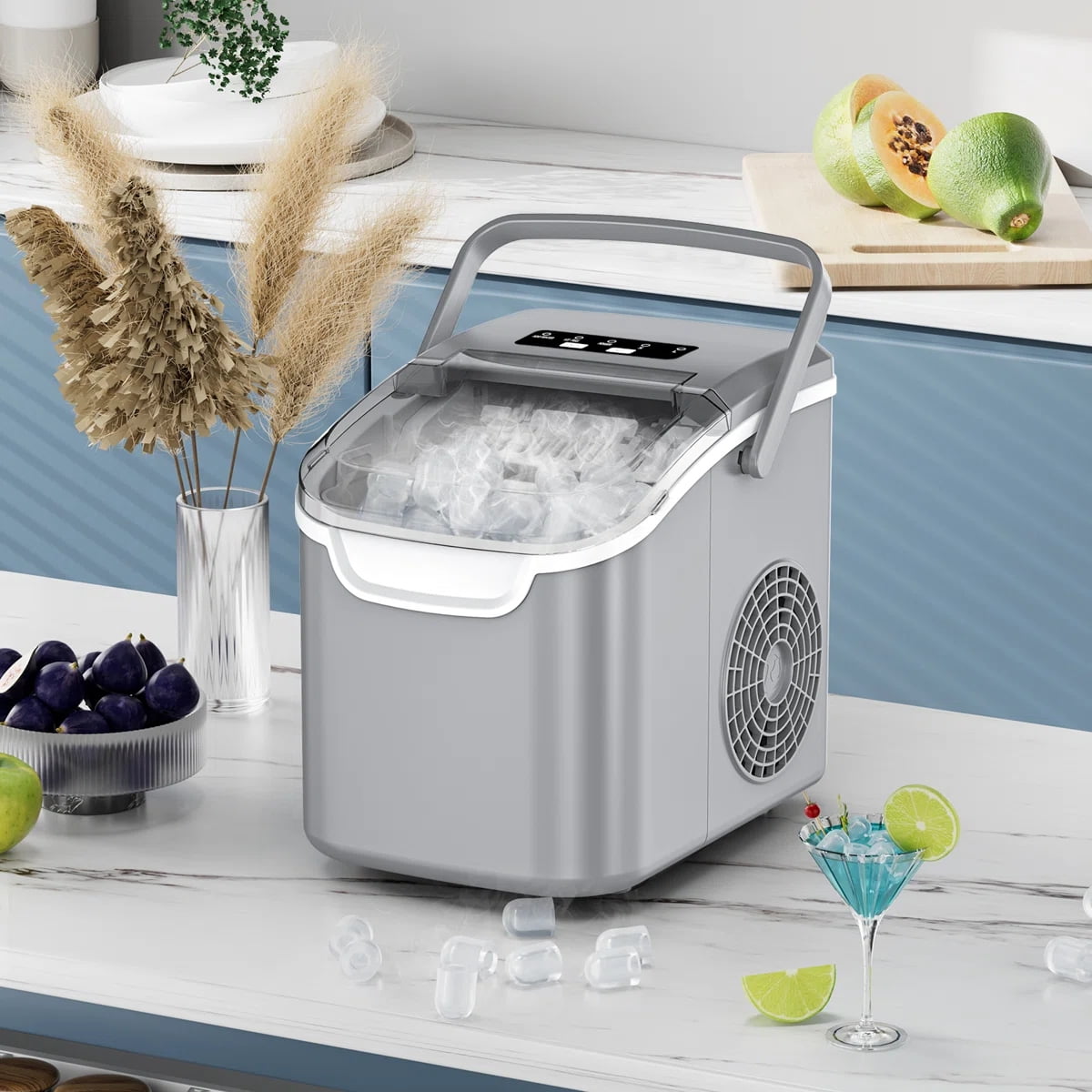 KNDKO Efficient Portable Countertop Ice Maker: Quick 8-Cube In 6 Mins, Up To 26Lb/Day, 2 Ice Sizes, Perfect For Home/Party/Travel GREY