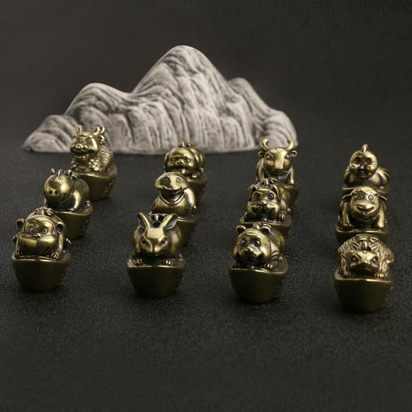 YAOMOBB Decorative Animal Figurine Zodiac Animal Figurine Chinese Twelve Zodiac Figurine Brass Figure Model Statue Sculpture Toy Desktop Feng Shui Decoration Ornament Festival Gift