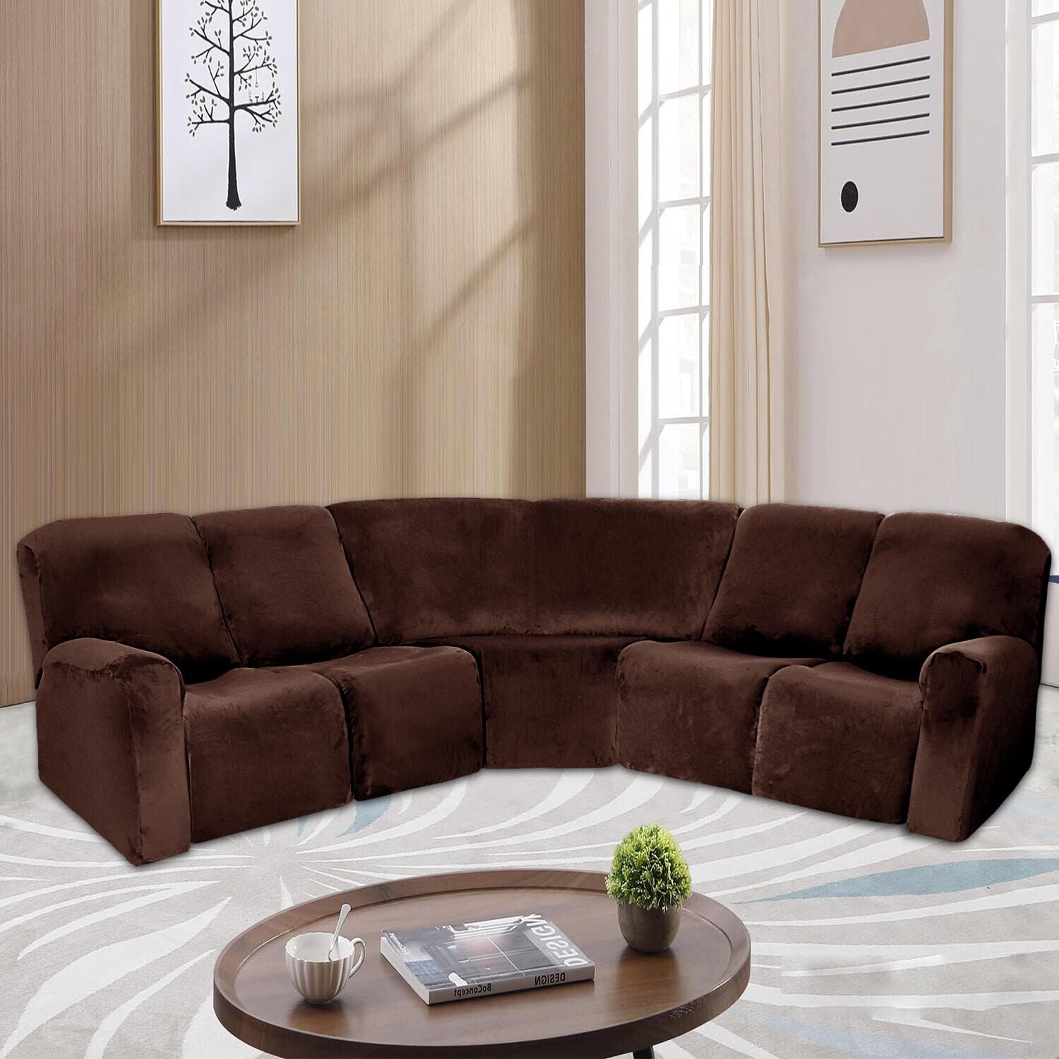 TOPCHANCES Velvet Recliner Sofa Covers, 5 Seat Corner Sofa Covers Stretch Furniture Protector Including 2 Arm Pieces, 4 Seat and Backrest Pieces and 1 Corner Piece, Brown