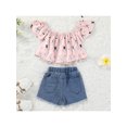 thumbnail image 3 of Genuiskids Kids Little Girls Easter Clothes Set Bunny Rabbit Print Off Shoulder Top Ripped Denim Shorts Set 2PCs Outfits, 3 of 9