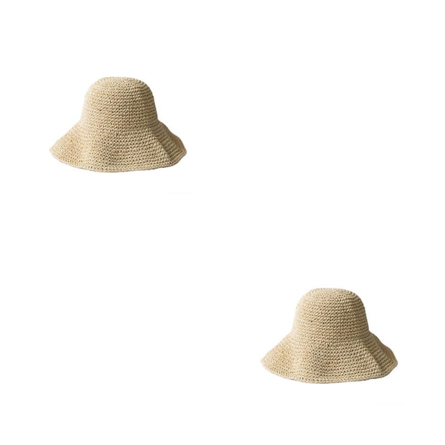 Minnieouse Sombrero de cubo para acampar para mujer, gorra de pescador de paja, plegable, transpirable, decoración de cabeza de verano, gorras Beige 2piezas