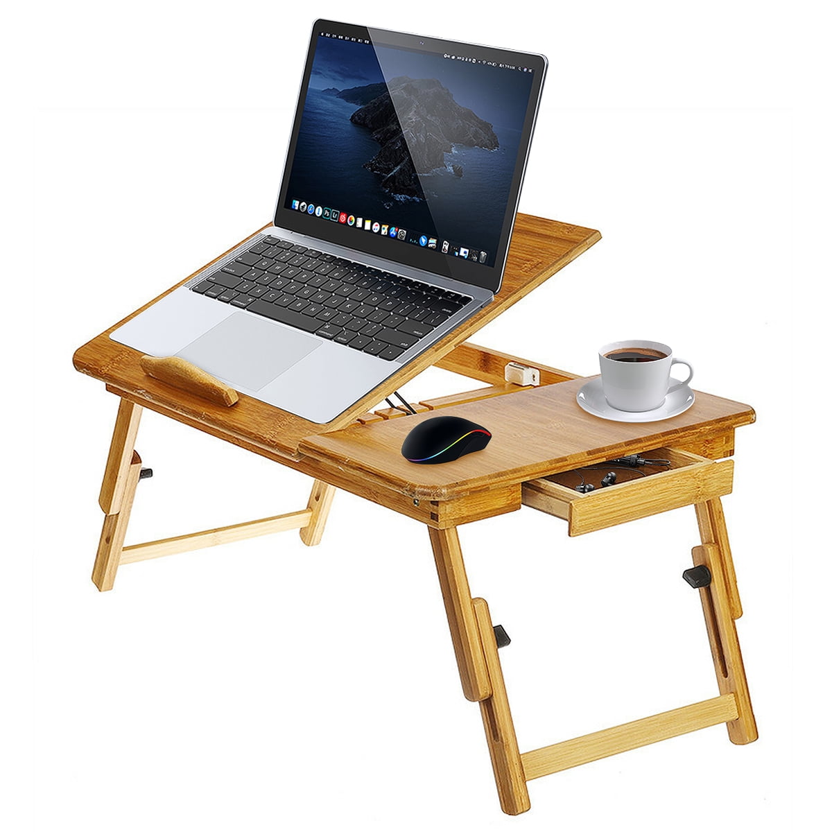 Adjustable Folding Lap Desk Bamboo Laptop Breakfast Tray Natural Bed Table Stand 