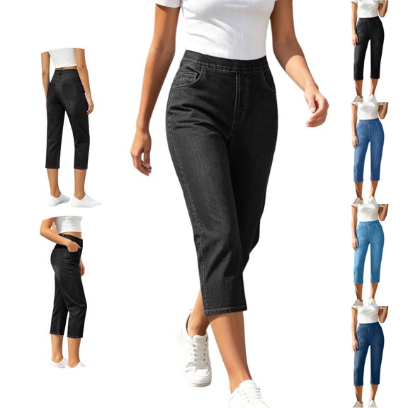 LEKWK Skinny Capri Jeans for Women Stretch High Rise Comfy Denim Pants with Pockets Slim Fit Pull on Capris Cropped Pants Summer Fashion Casual 0utfits