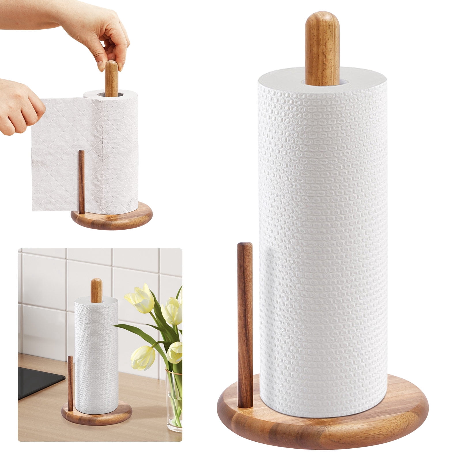 Wood Paper Towel Holder for Kitchen Countertop, Acacia Decorative Standing Farmhouse Paper Towel Roll Dispenser with Stable Non-Slip Base