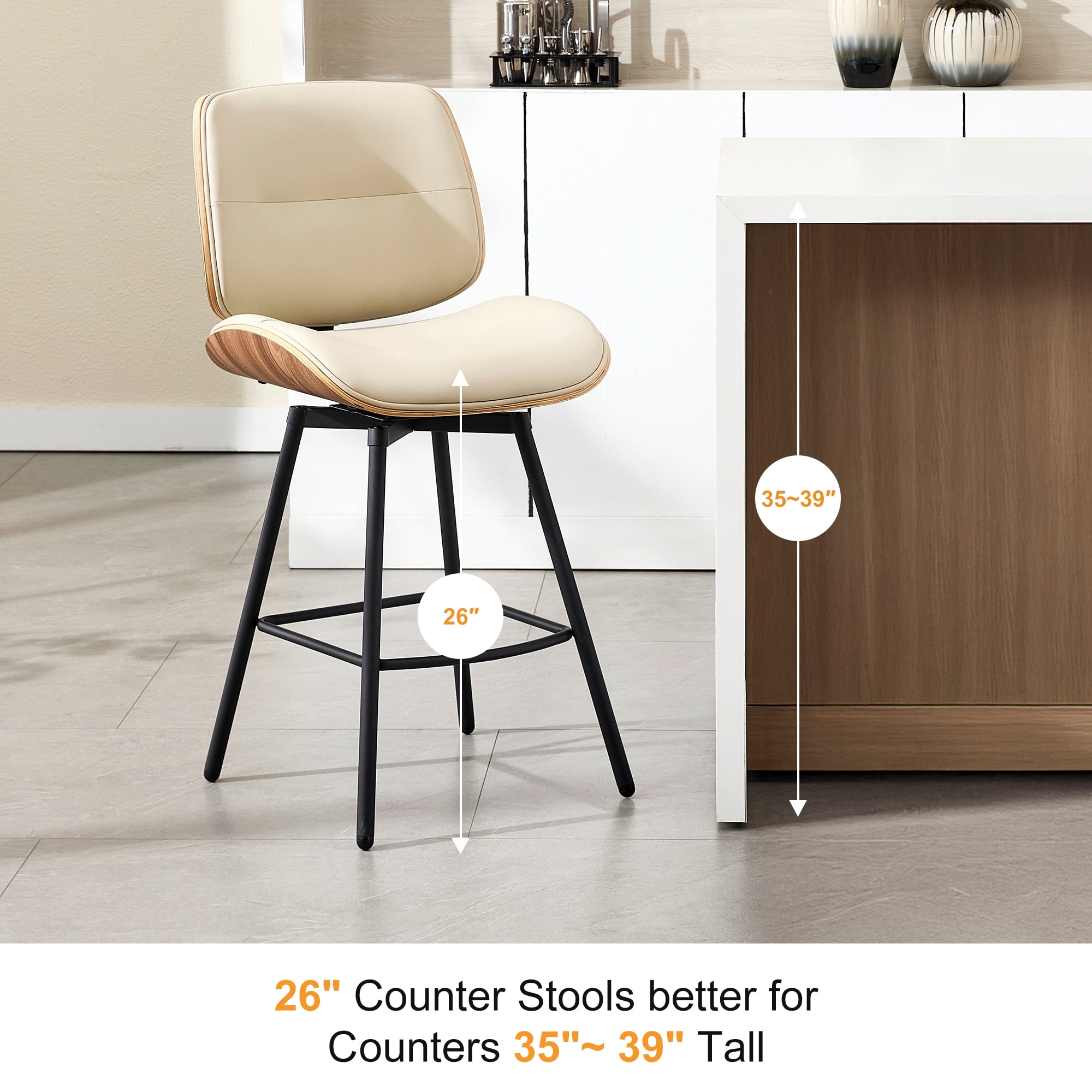 Counter Height Bar Stools Set of 4, 26" Swivel PU Leather Upholstered Bar Stools with Walnut Backs and Metal Legs, Retro Counter Stools for Kitchen Island, Dining Room, Pub, Beige