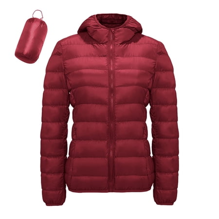 MIASHUI Women s Casual Solid Color Lightweight Waterproof Down Jacket White Feather Hooded Parka Coat Red M