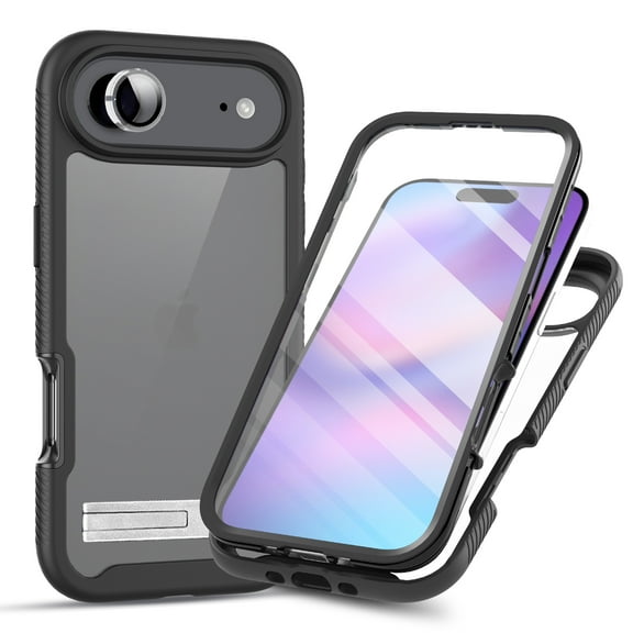 Dteck for iPhone Air Case with Built-in Screen Protector & Clear Camera Lens Cover, Full Body Shockproof Anti-Scratch Phone Cover with Metal Stand for iPhone Air 6.5 Inch,Black