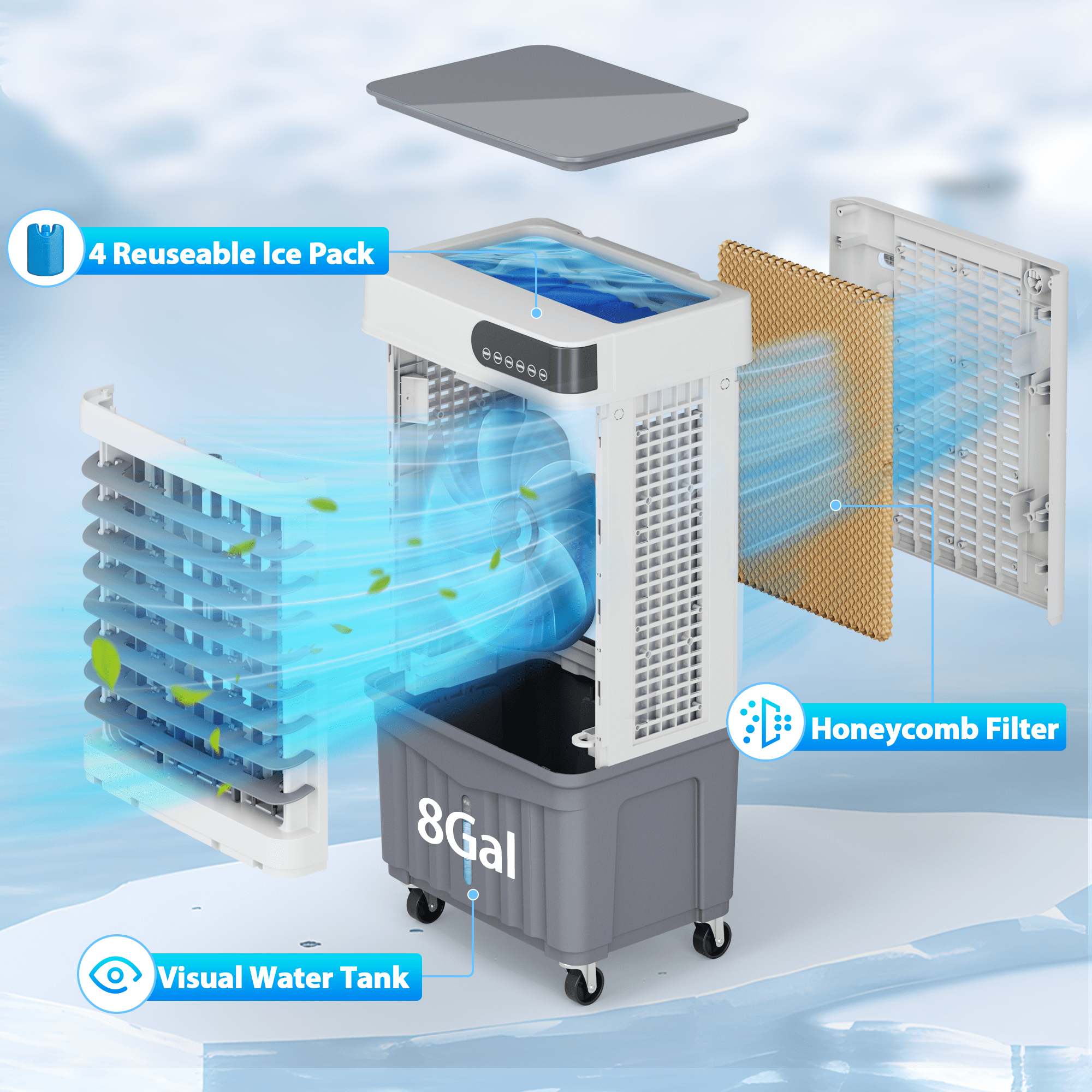 UrbanSync Evaporative Air Cooler, 3d Cooling, 8 Gallon Tank, 3 Speeds, 12 Hour Timer, 4 Ice Boxes, Indoor or Outdoor Use