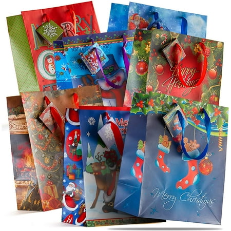 Prextex Christmas Gift Bags-12 Assorted 13 inch Cardboard Paper Gift Bags Large Size Assorted Bright Prints