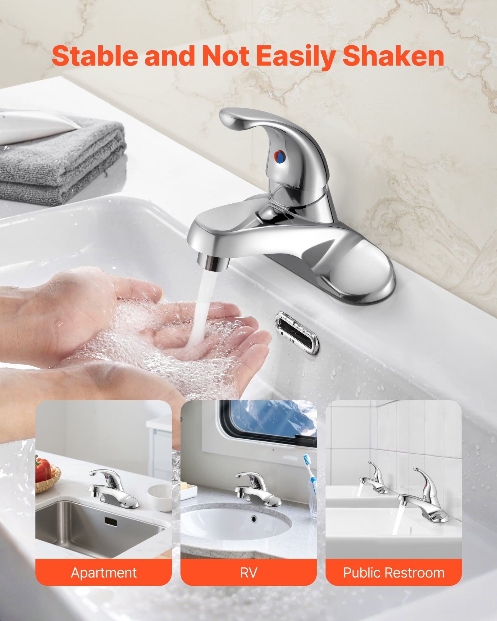 VEVOR Single Handle Sink Faucet, Chrome-Plated Silver Single Handle Bathroom Faucet, Kitchen Water Faucets with Overflow 1 or 3 Hole, Suitable for Bathroom, RV, Bar Sink, Public Restroom, Press-Type