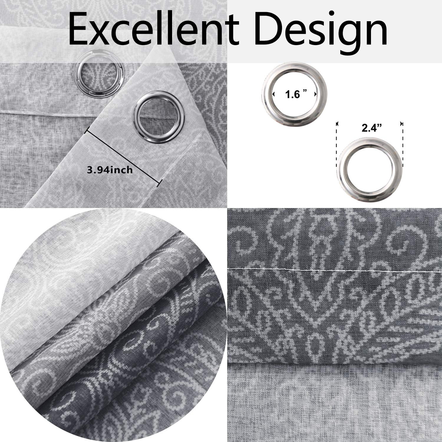 JIUZHEN Grey Damask Ombre Semi Sheer Curtains for Living Room - Faux Linen Gradient Grommet Voile Curtains for Bedroom, 2 Window Curtain Panels, 52 x 84 inches Long