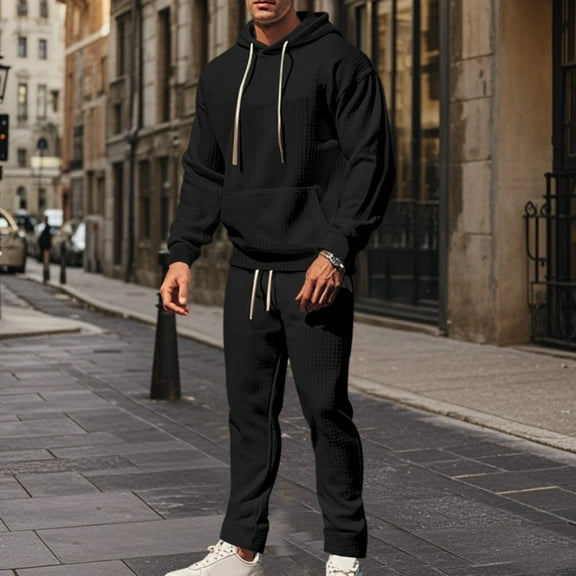 TrdSipl Men Hooded Tracksuit Hoodie & Sweatpants Set Knitted Jacquard Two-Piece Sets Outdoor Sportswear Athletic Workout Jogging Sweatsuit