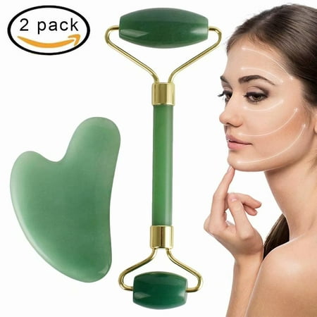 Jade Roller for Face, Anti-Aging Massage Facial Roller 100% Natural Quartz Gua SHA Scraping Massage Tool Set for Eye Neck Body Massage, Cheeks Slimmer, Skin Tightening & Healing