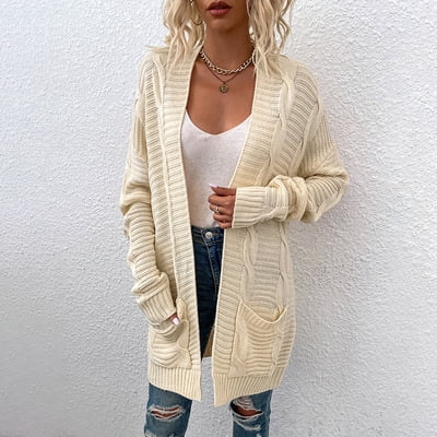 Tralilbee Women's Long Sleeve Cardigan Twist Cardigan Mid-length Twisted Rope Cardigan Sweater