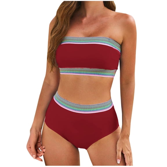 Ecqkame Women's Swimsuit Bikini Set Two-Piece Sleeveless Push-Up Tops and High-Waisted Bottoms Beach Vacation Bathing Suit Wine M