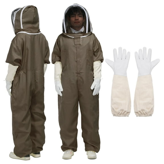 Bee Suit for Men Women l Beekeeping Suit Outfit with Gloves and Veil Hood (Jacket Pants Gloves) Bee Suits for Adult Backyard Professional and Beginner Bee Keeper Coffee