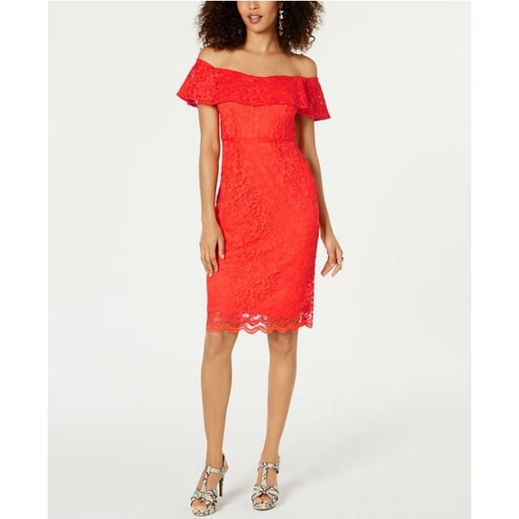 Thalia Sodi Women's Floral Lace Off-the-Shoulder Sheath Dress Rich Coral Size M