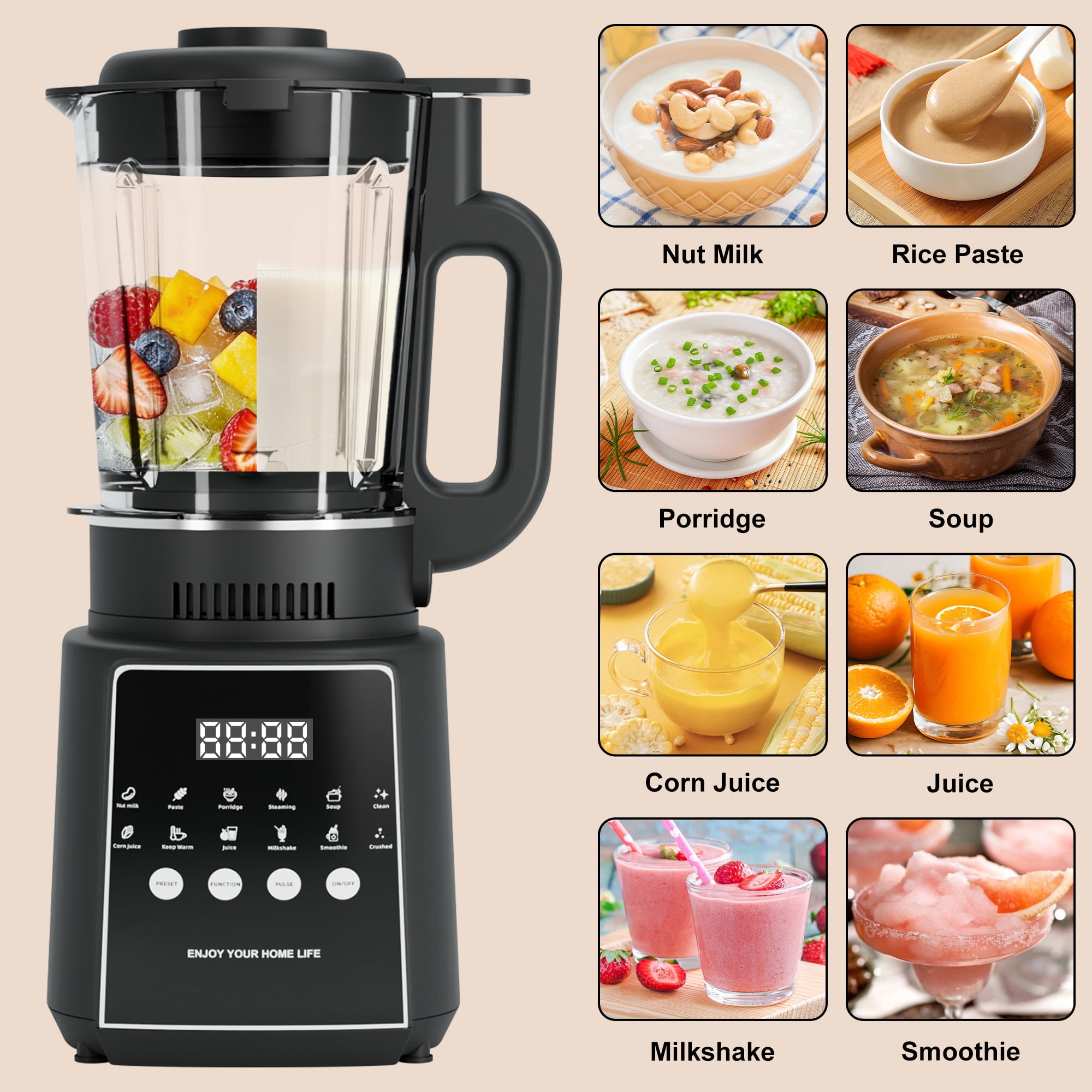 Blender for Kitchen, 55oz Countertop Blender 1200W Peak Power with Ice Crush & Smoothie Functions, Self-Cleaning Food Processor, Stainless Steel Blades, Black