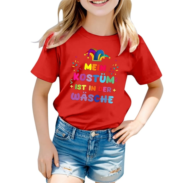 PMVFHDE Hauts pour Fille 2025 Hauts d'Été Mignons T-Shirts pour Fille Sorties T-Shirts pour Fille T-Shirt Imprimé Carnaval pour Enfants Col Rond Manches Courtes Rouge, 2-3 Ans