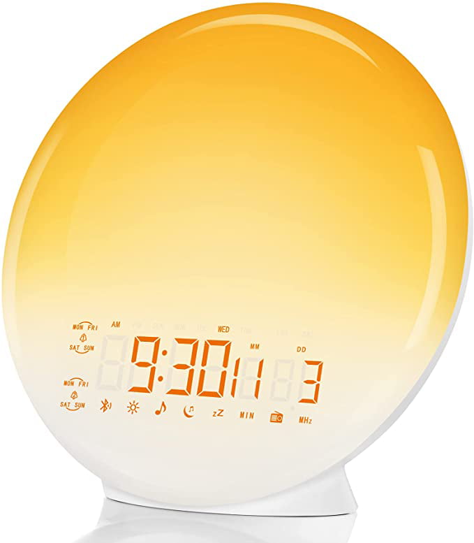 Snooze Teens 7 Natural Sounds/Colors FM Radio with Sunrise/Sunset Simulation Bedroom Ideal Gift Wake Up Light Sunrise Alarm Clock for Heavy Sleepers Adults Kids Dual Alarms 