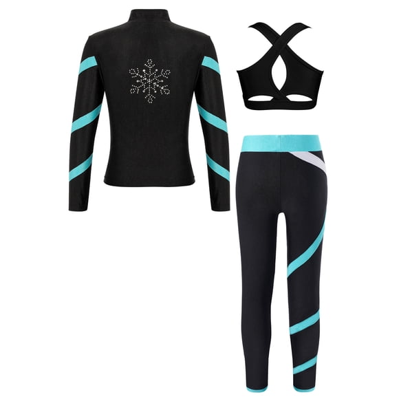 Sxiwei Kids Ice Skating Outfit Sport Sweatsuit Girls Gymnastics Jacket Crop Tank Tops and Dance Tights Pants 3 Pcs Set Blue Green 8