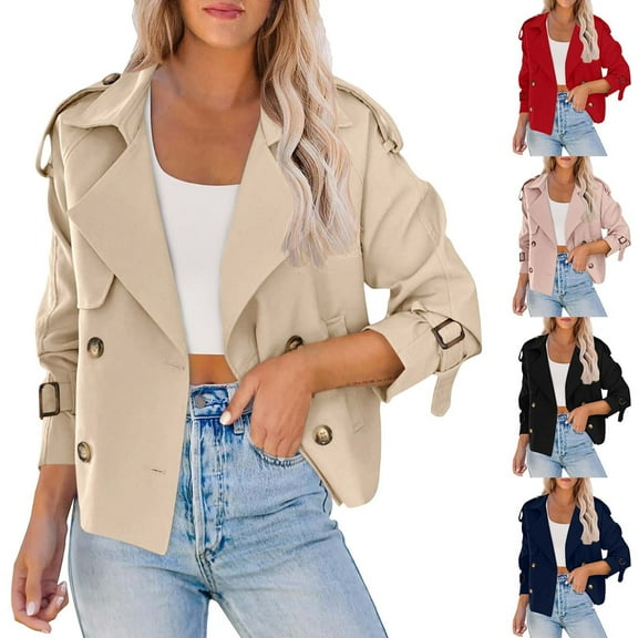 jtjvou Women Crop Double Breasted Trench Coat Raglan Sleeve Work Office Cropped Jacket With Pockets Pink XL