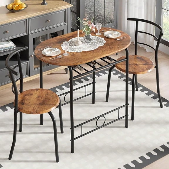 3-Piece Dining Table Set for Kitchen Breakfast Nook, Wood Grain Oval Tabletop and Metal Frame with Built-in Wine Rack, for Small Spaces, Antique Brown & Black