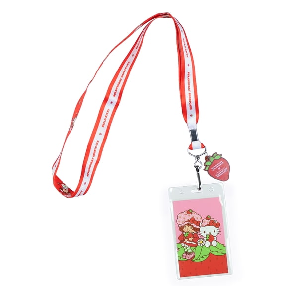 Hello Kitty X Strawberry Shortcake Lanyard with Clear ID Window and Rubber Charm