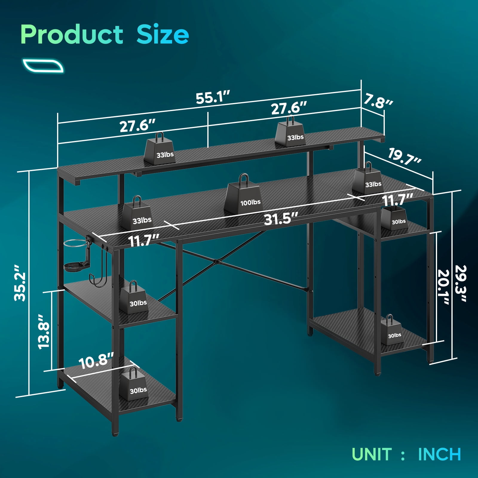 Bestier 55" Gaming Desk with LED Light  & Monitor Stand Computer Desk Corner Desk for Home Office, Black Carbon Fiber