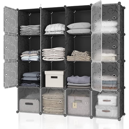 MAGINELS 16 Cube Storage Organizer,Portable Plastic Storage Cabinet,Closet.Stackable Cubby Shelf for Clothes,Toy,Bag. Suitable for Bedroom,Studyroom,Closet Organization,Black(14×14 inch)